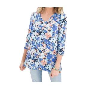 Chicos Top Women L Blue Tunic Floral Boho Western Office Coastal Classic Knit